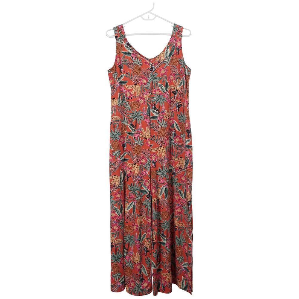 Cuddl Duds Jumpsuit M Tropical Rainforest Print Sleeveless Pockets Stretch